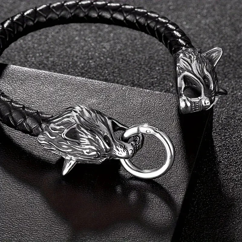 Elegant 925 Sterling Silver Wolf Head Leather Fashion Charm Bracelet Bangle Cuff gallery