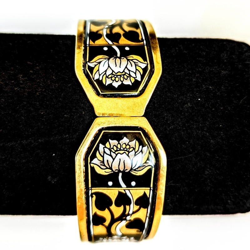 Michaela Frey Wien Bangle Enamel Bracelet Lotus 24K Gold Plate 3/4"x7" gallery