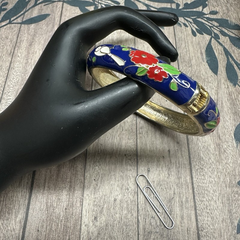 Gold Blue Red White Enameled Hinged Bird Flower Bangle B7 gallery