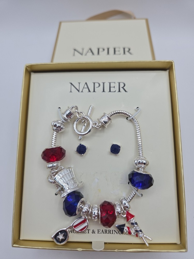 NAPIER Silver Tone Red,White,Blue Charm Bracelet & Stud Earring Set NWT In Box