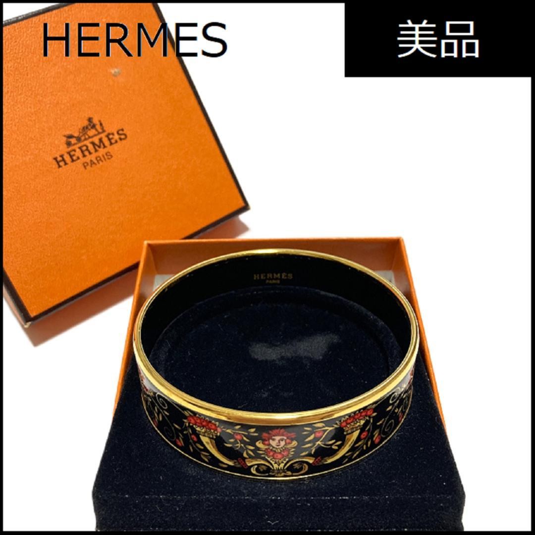 HERMES Emaille GM Enamel Bangle Bracelet Black Gold Red Multi-color Pre-owned gallery