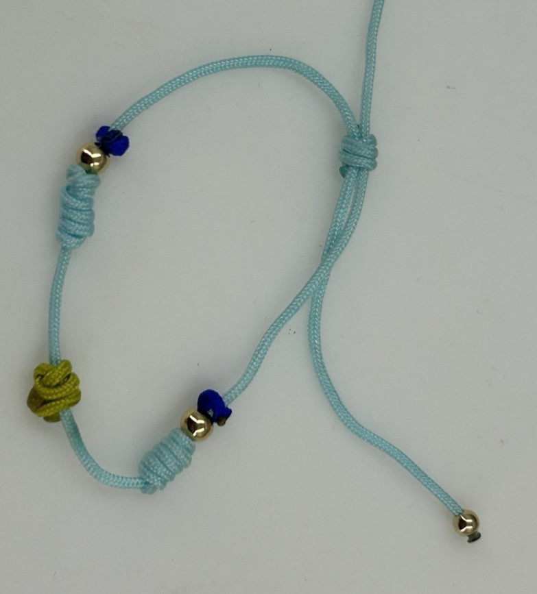 Light Blue Corded Bracelet Adjustable Green Knot Gold Tone Beads