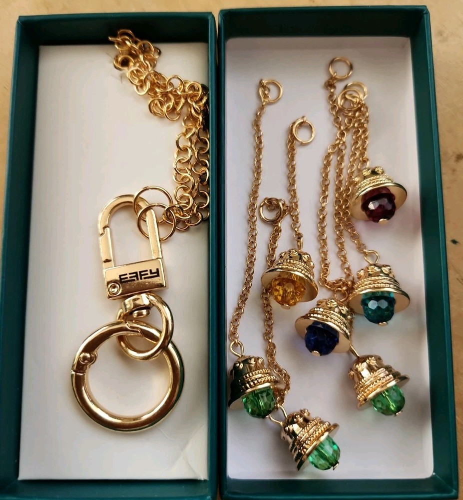 Effy 7 Bells Key Chain & Box Charm Handbag Gold Tone Red Blue Teal Yellow Green
