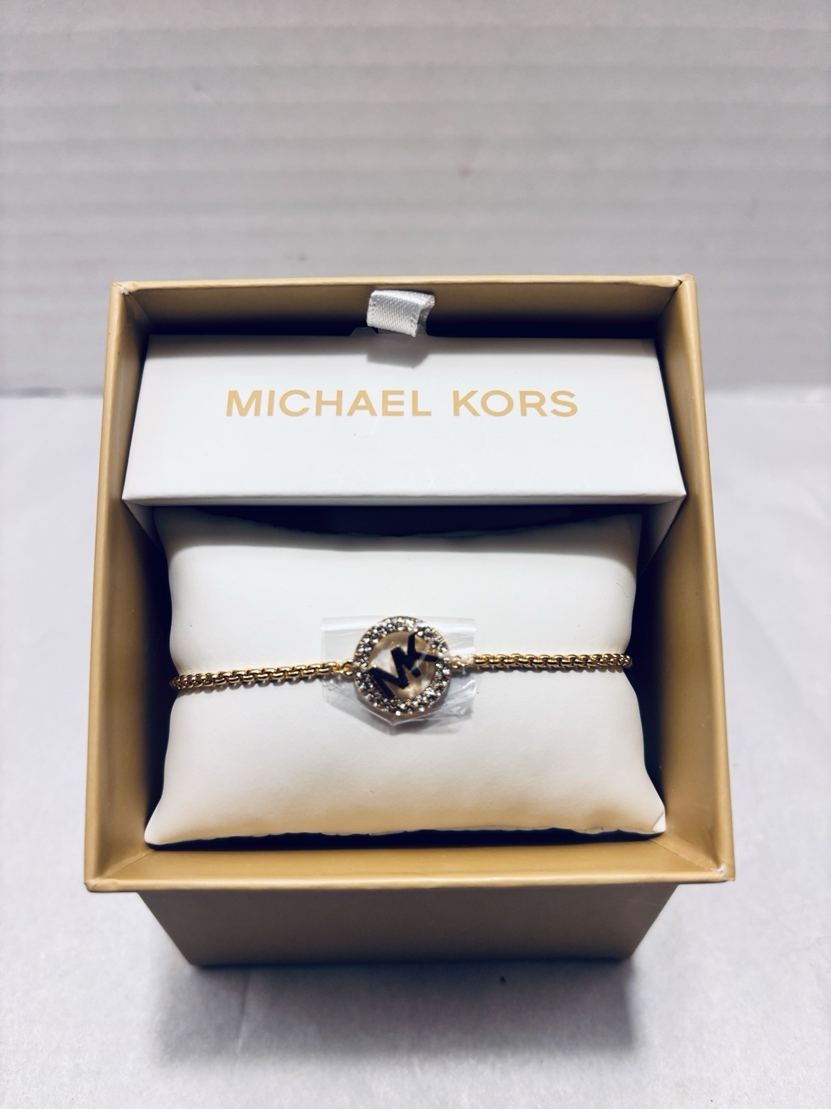 Michael Kors Gold Tone Brass MK Logo & Crystal Station Bracelet NWT & Box gallery