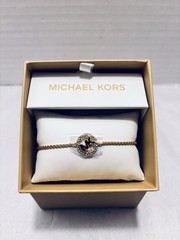Michael Kors Gold Tone Brass MK Logo & Crystal Station Bracelet NWT & Box