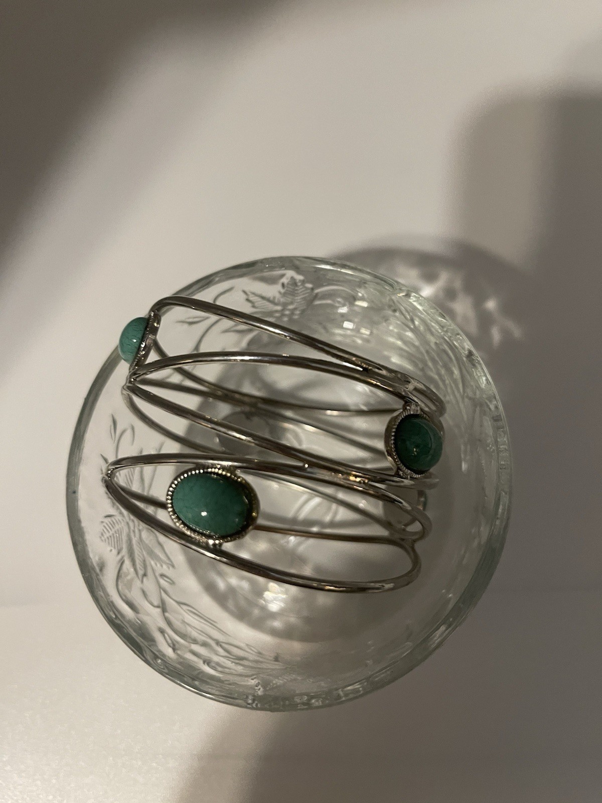 Silver & Man Made Turquoise Twisted Wire Bangle Bracelet 2" Wide 3" Diameter gallery