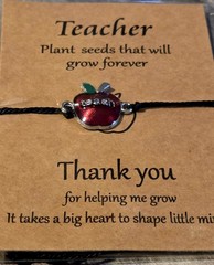 Teacher Apple Dangle Charm Bracelet Black Adjustable Cord Tie Enamel Metal
