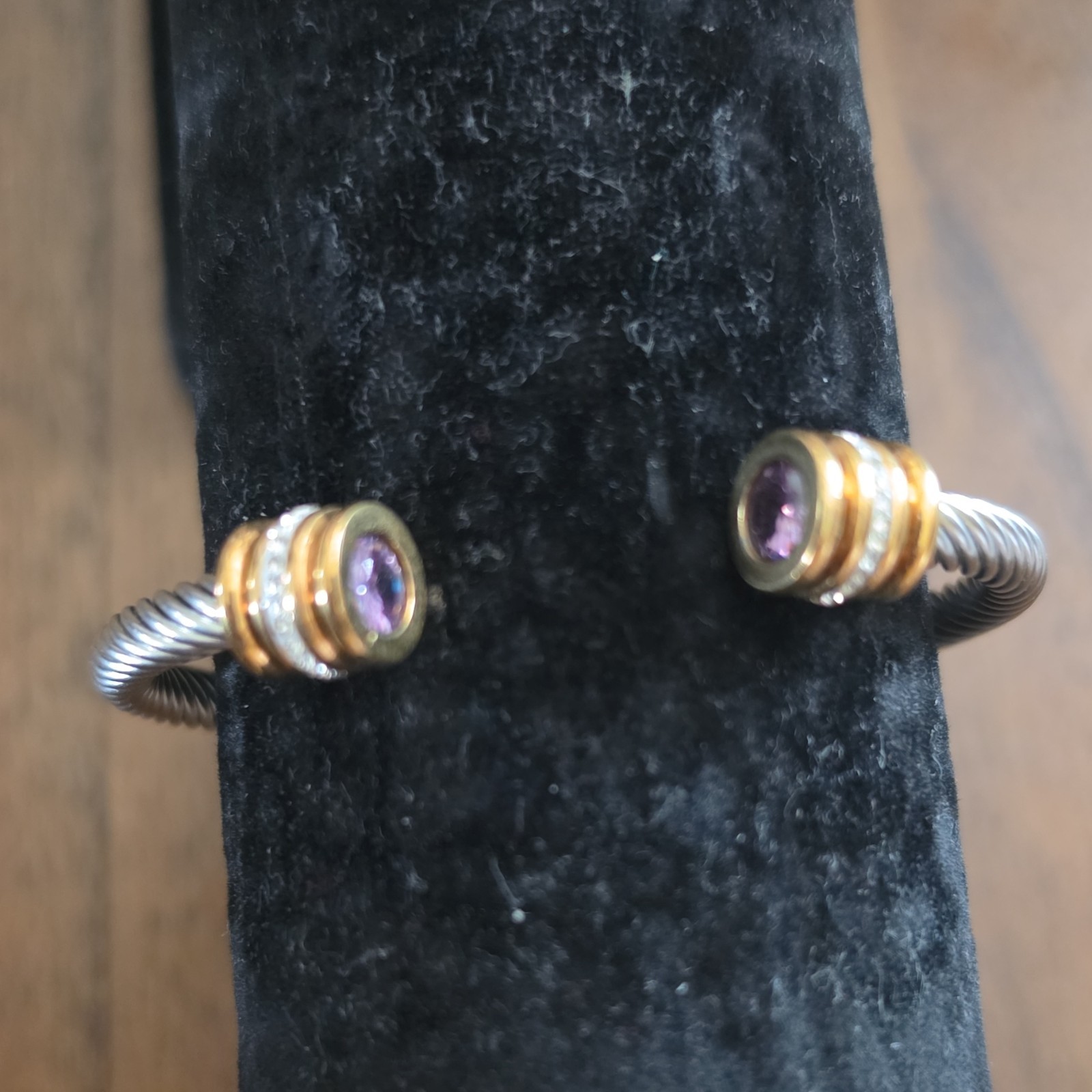 Silver Tone Rope Cable Cuff Bracelet Gold Tone End Caps 2 Round Purple Stones gallery