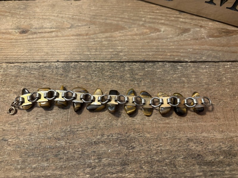 Vintage Tiger's Eye Nugget Link Bracelet Golden Brown Chatoyant Stone 7.5" Boho gallery