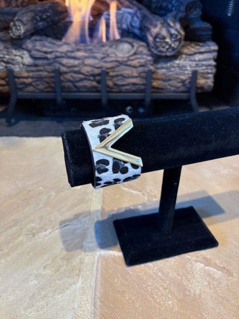 New Designer Inspired V Vegan Leather Gray Leopard Cuff Adjustable Snaps