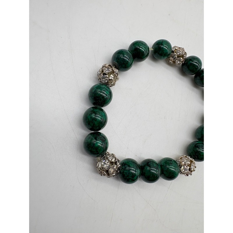 Green Beaded Stretch Bracelet Silver Rhinestone Filigree Accents gallery