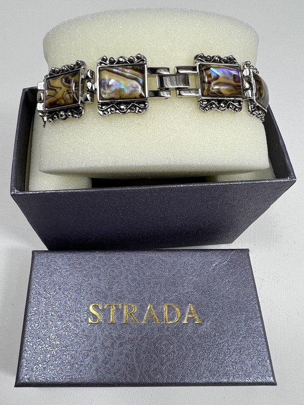 STRADA Sculpted Silver Tone Metal + Abalone Shell Rectangle Bracelet Watch NWT gallery