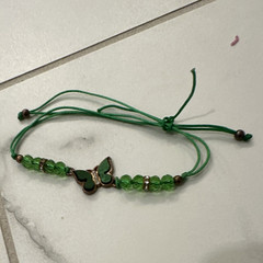 Green Cord & Beaded Adjustable Bracelet with Butterfly Dangle Charm
