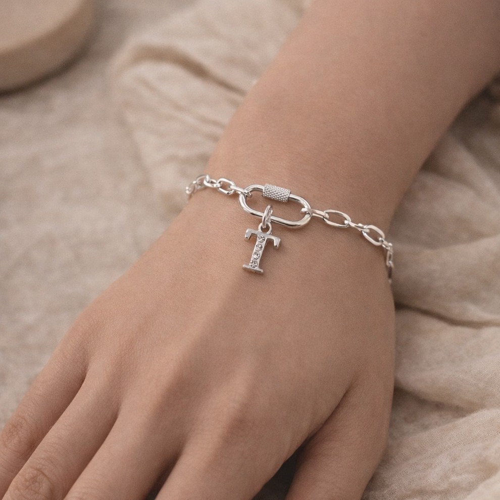 Personalised Silver Initial Chain Bracelet with Carabiner Clasp
