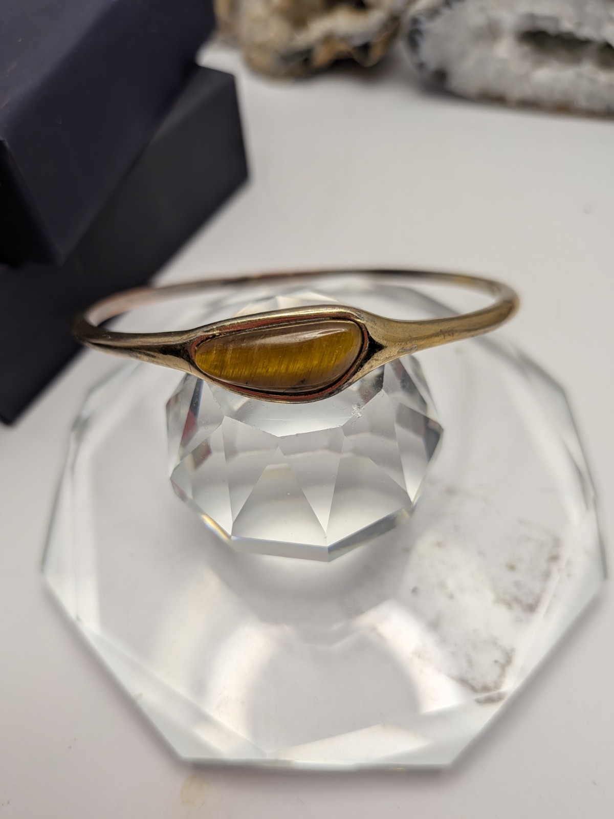 Gold Tone Bangle Bracelet, Bezel Set Tigers Eye Oval Cabochon Stone, 1 Stone gallery