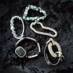 Lot of 5 Silver Tone Beaded & Curb Chain Bracelets Clear Round Crystal