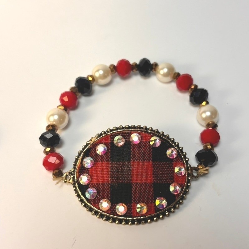 Bracelet Set Y2K Goth Punk Grunge Red Black Plaid Chainmail Leather Strap 3pc gallery