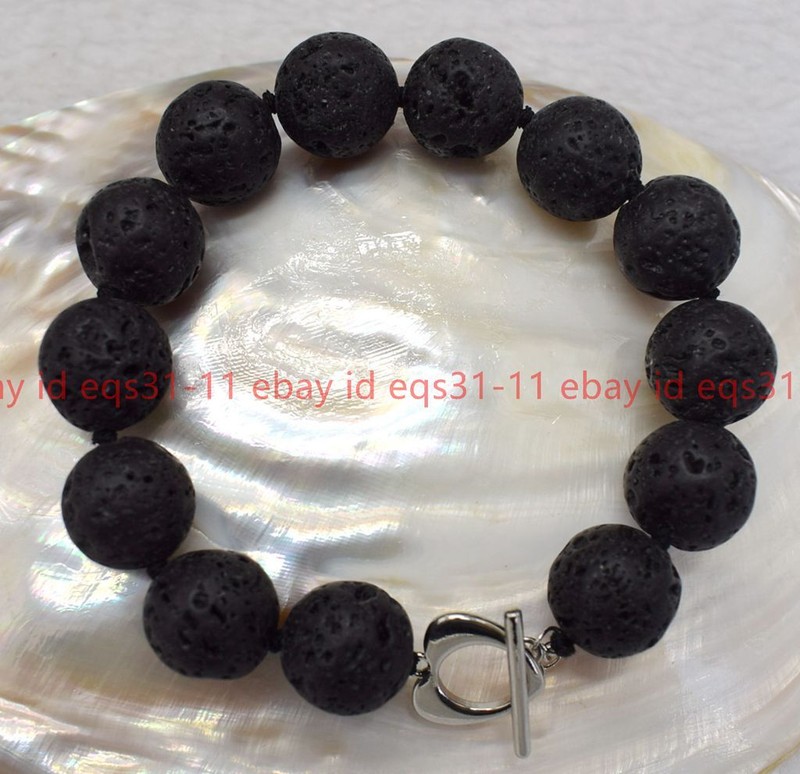 Pretty Large 10/12/14mm Black Lava Rock Round Gemstone Beads Bracelet 7.5'' gallery