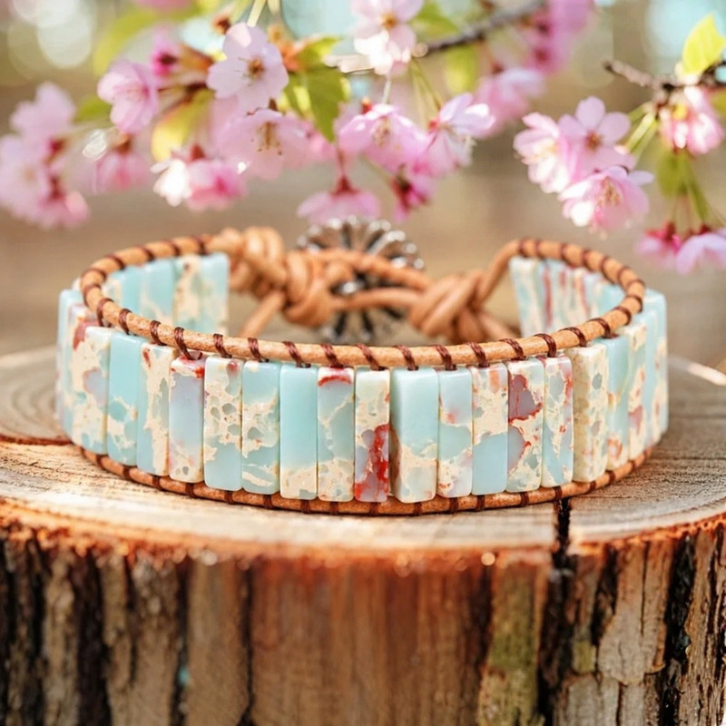Natural Sea Sediment Jasper Bracelet Leather Wrap Boho Gemstone Flower Cuff gallery