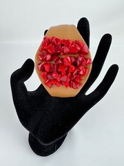 Brown Leather Wrapped Open Cuff Bracelet w/Red Coral Chip Bead Cluster