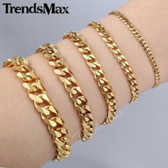 3/5/7/9/11mm 14K Gold Plated Stainless Steel Curb Cuban Chain Bracelet Men 7-11″