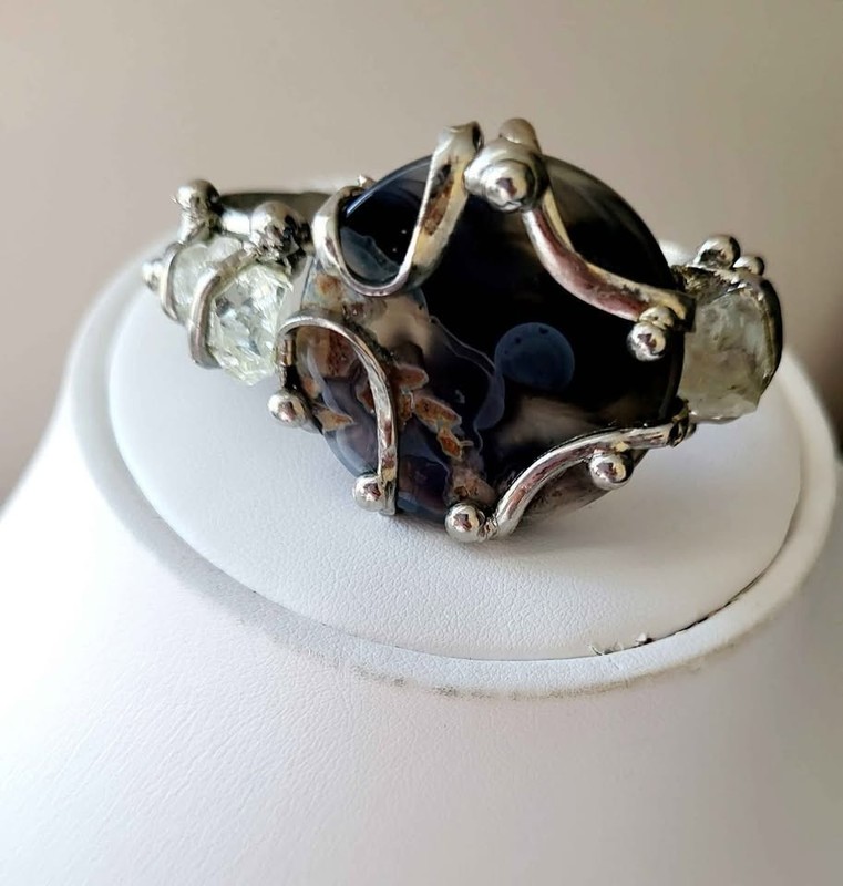 NEW Black Brazilian Agate & Raw Crystal Cuff Bracelet Silver Nickel Jewelry gallery