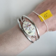 Vintage Mexican Sterling Silver Flower Inlay Cuff Bracelet Hecho En Mexico 7″
