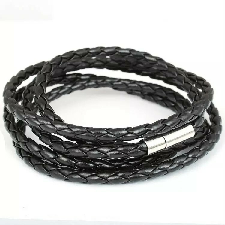 Men's Women's Silver Stainless Steel Magnetic Clasp Braided Leather Bracelet New gallery