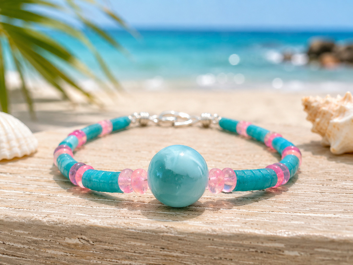 Amazonite & Dyed Opal Beaded Bracelet / Anklet – Moonstone Center – Handmade gallery