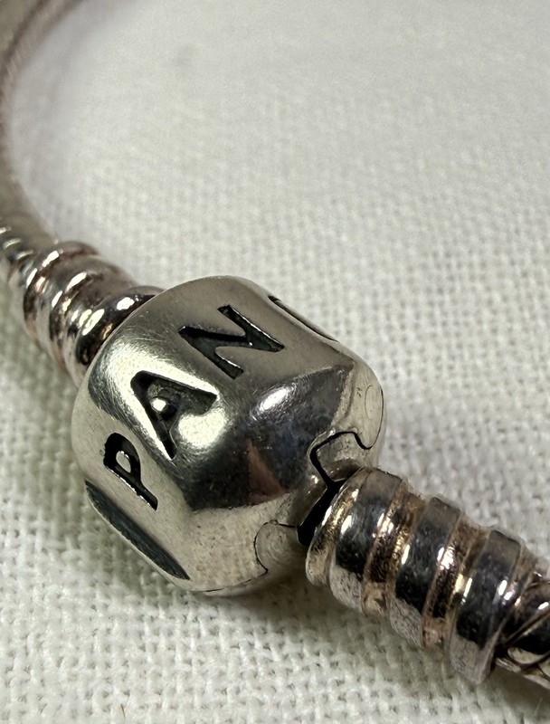Pandora 7.9" Bracelet 20cm w Pig, Girl, Butterfly Bead & Clip All .925 Silver gallery