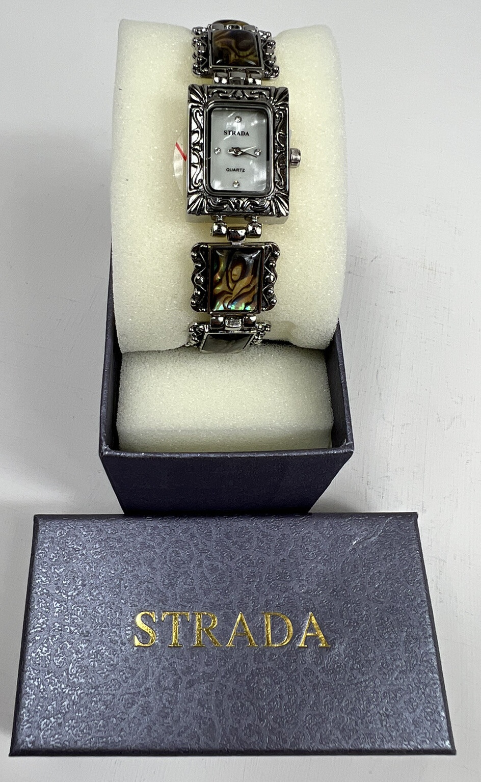 STRADA Sculpted Silver Tone Metal + Abalone Shell Rectangle Bracelet Watch NWT gallery