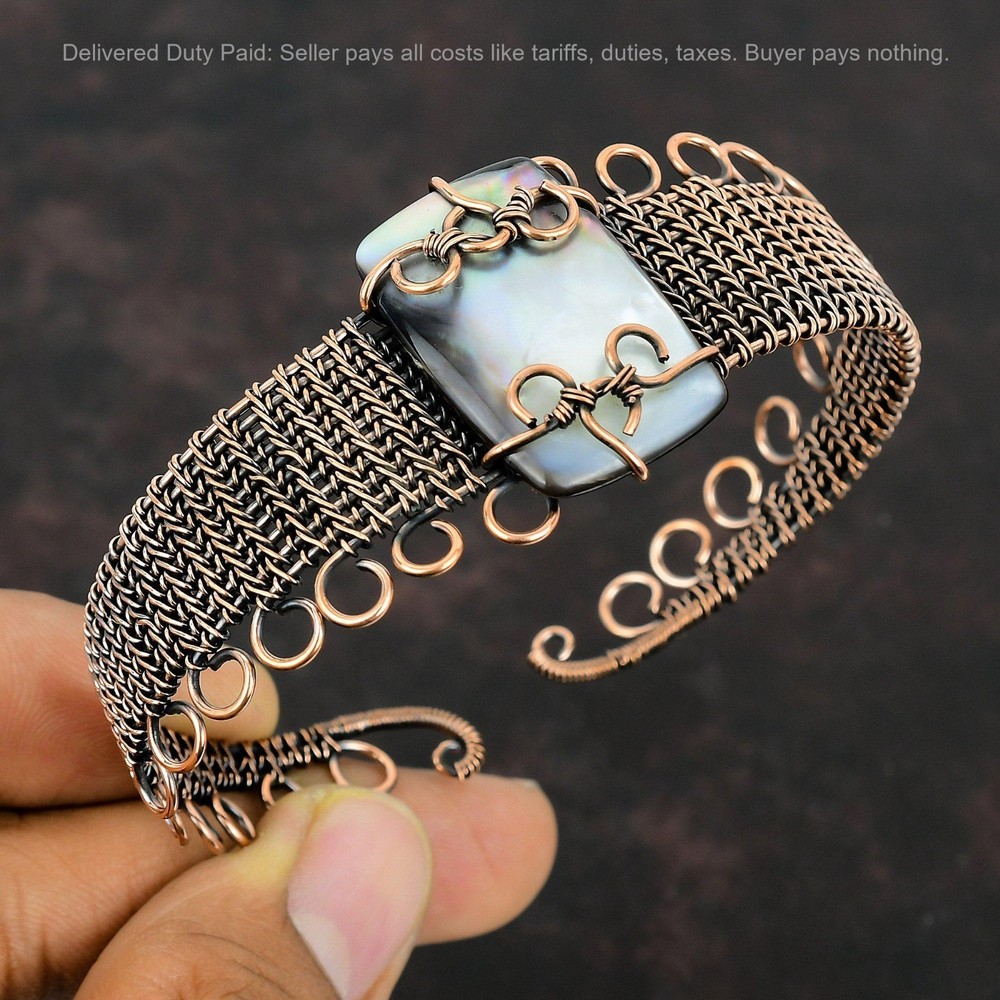 Black Mother Of Pearl Gemstone Copper Wedding Anniversary Wire Wrapped Bangle