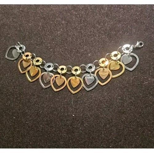 #83- EDFORCE STAINLESS STEEL SILVER ROSE YELLOW GOLD TONE HEARTS 7" BRACELET