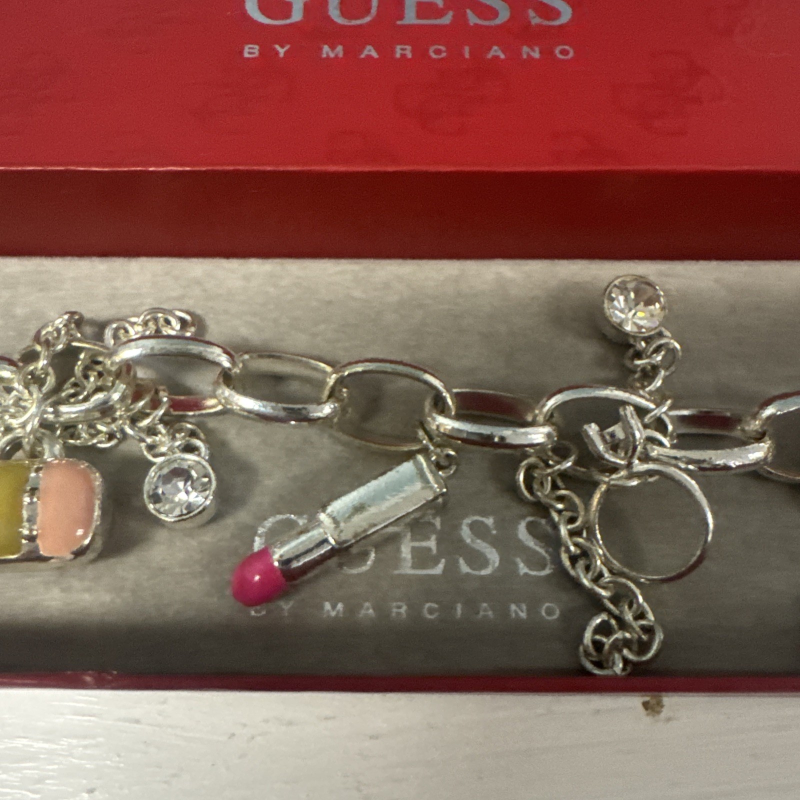 Guess Charm Bracelet Silver Tone Rhinestone Shoe Lipstick Sunglasses Bag NWT gallery