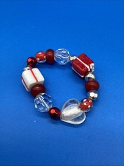 Vintage Christmas Lampwork Glass Bead Bracelet Red White Gift Box Heart Stretch