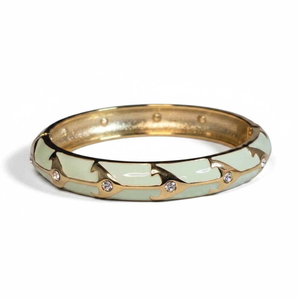 Women's Trendy Gold Plated Green Enamel Crystal Hinged Bangle Bracelet NWOT