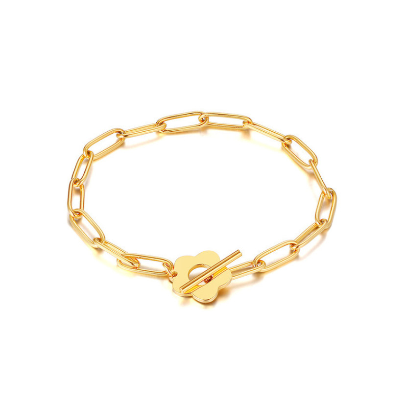 Gold Plated Stainless Steel Paper Clip Link Chain Flower Toggle Bracelet 7" AC