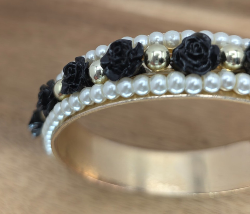 Black Rose Bangle Bracelet Vintage 90s Black White Gold Tone Floral Cuff gallery