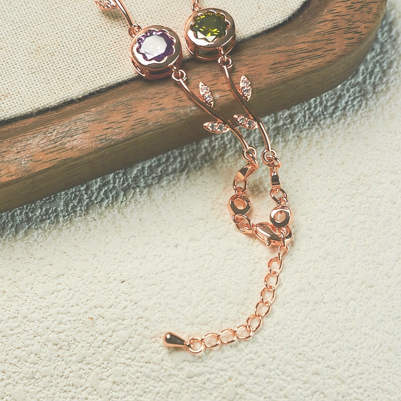 Rose Gold Branch Leaf Multicolor CZ Link Bracelet For Women, Copper Plated Silve gallery