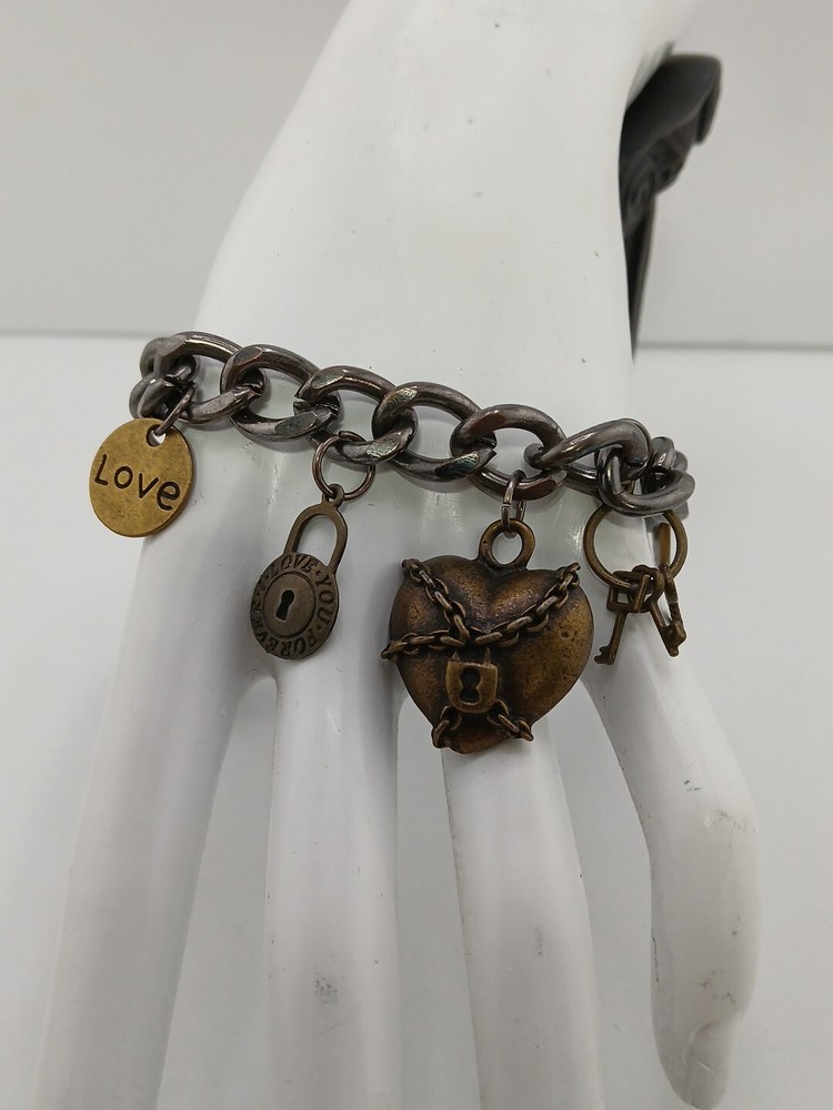 INSPIRATIONAL LOVE Mixed Metals curb chain hearts lock keys charms bracelet