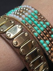 B5577 Lot of 2 Boho Beaded Bracelet Leather Turquoise White Gold Rivets 7-7.5″