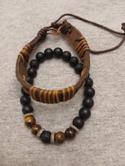 Wood Bead And Faux Leather Bracelet Set No001