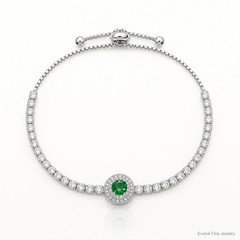 Sterling Silver Rhodium-Plated CZ And Green Glass Adjustable Bracelet