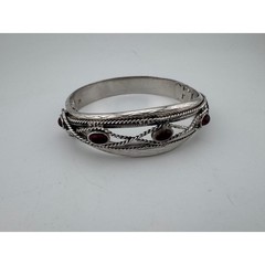 Vintage Whiting & Davis Silver Tone & Red Stone Inlaid Bangle Bracelet