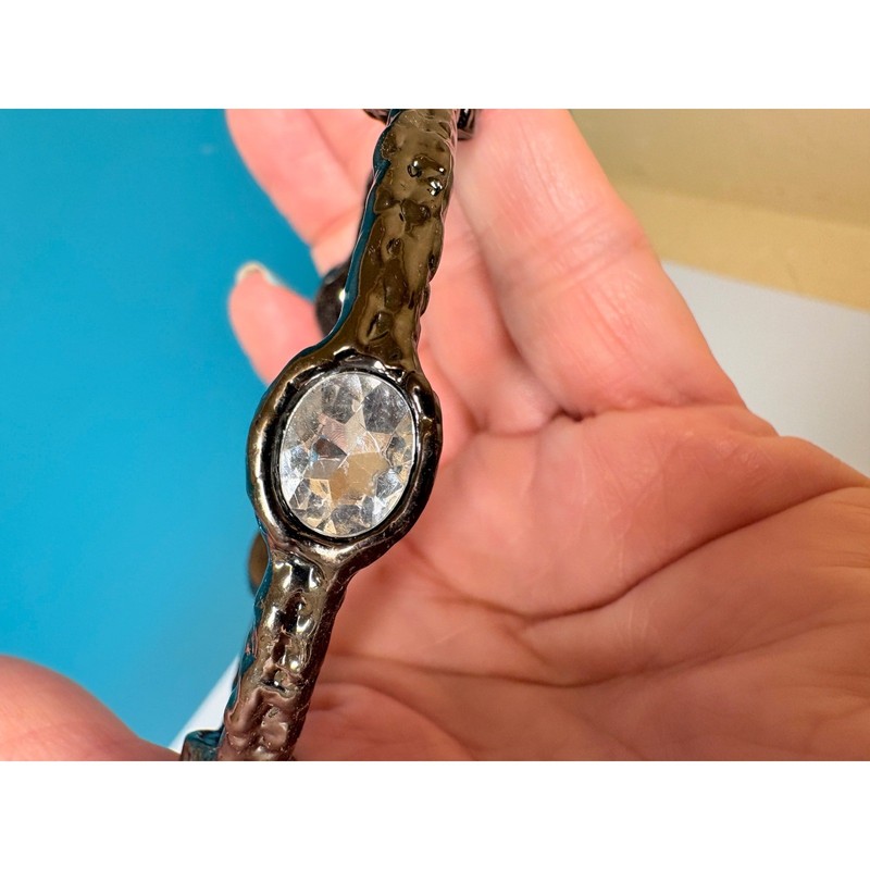 Gunmetal Molten Textured Bangle Bracelet with Large Clear Oval Crystals 8 Inch gallery