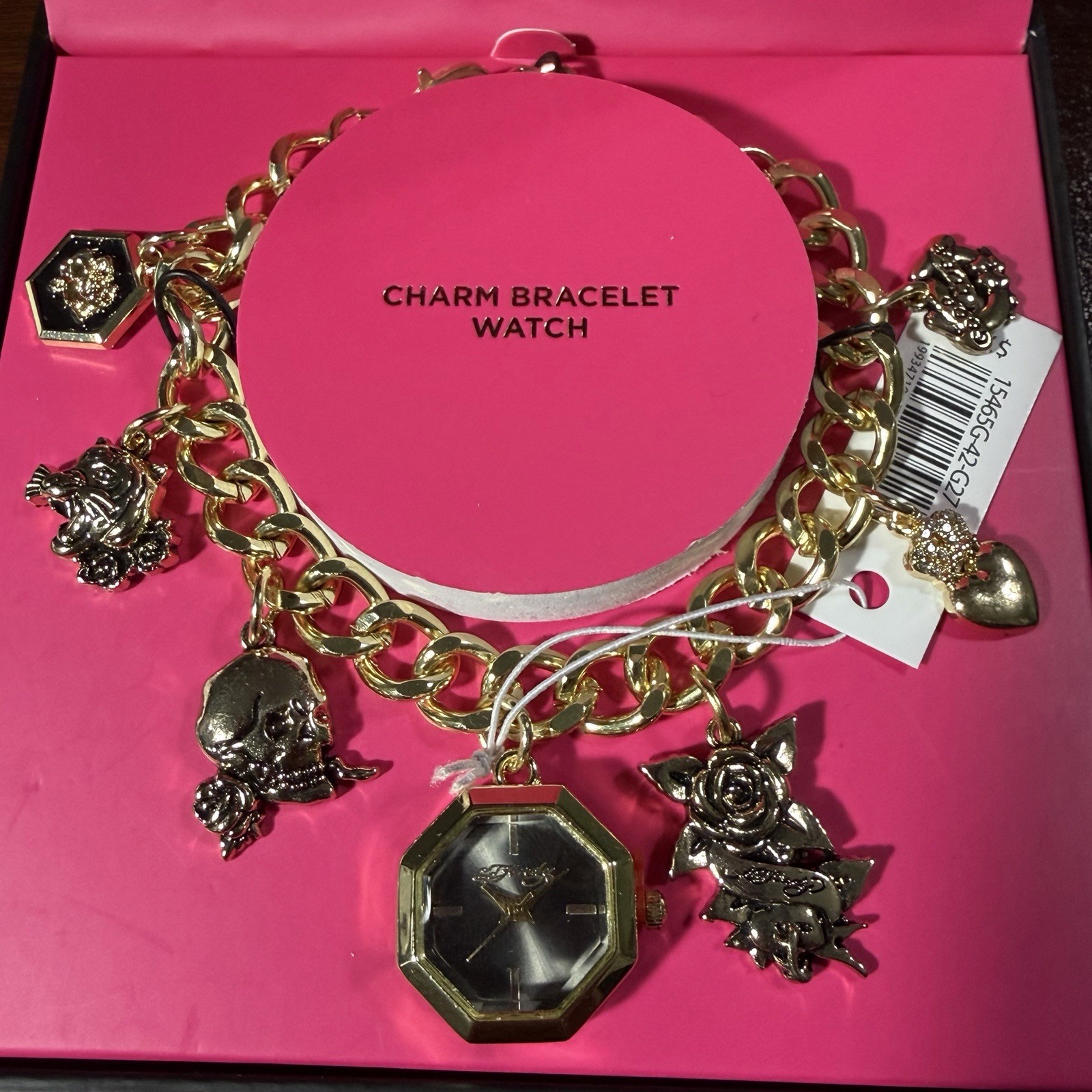 Ed Hardy Women's Gold Charm All Tattoo Design Bracelet Octagon Watch NWT gallery