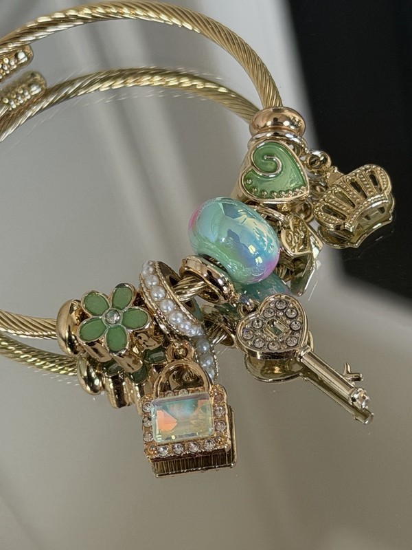 LuxeTreasures Gold Bangle Mint Green Key Crown Lock Charms bracelet gift ready gallery
