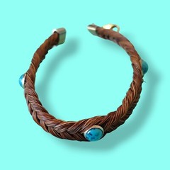 Braided Horse Hair Bracelet With Lucky Horse Shoe Charm Golden Brown 8.2in