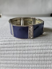 Chunky Blue Enamel Rhinestone Metal Silver Tone Stretch All Business Bracelet