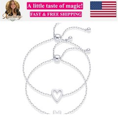14K Gold Plated Matching Heart Charms Solitaire Bracelet Set for Women | Adju…